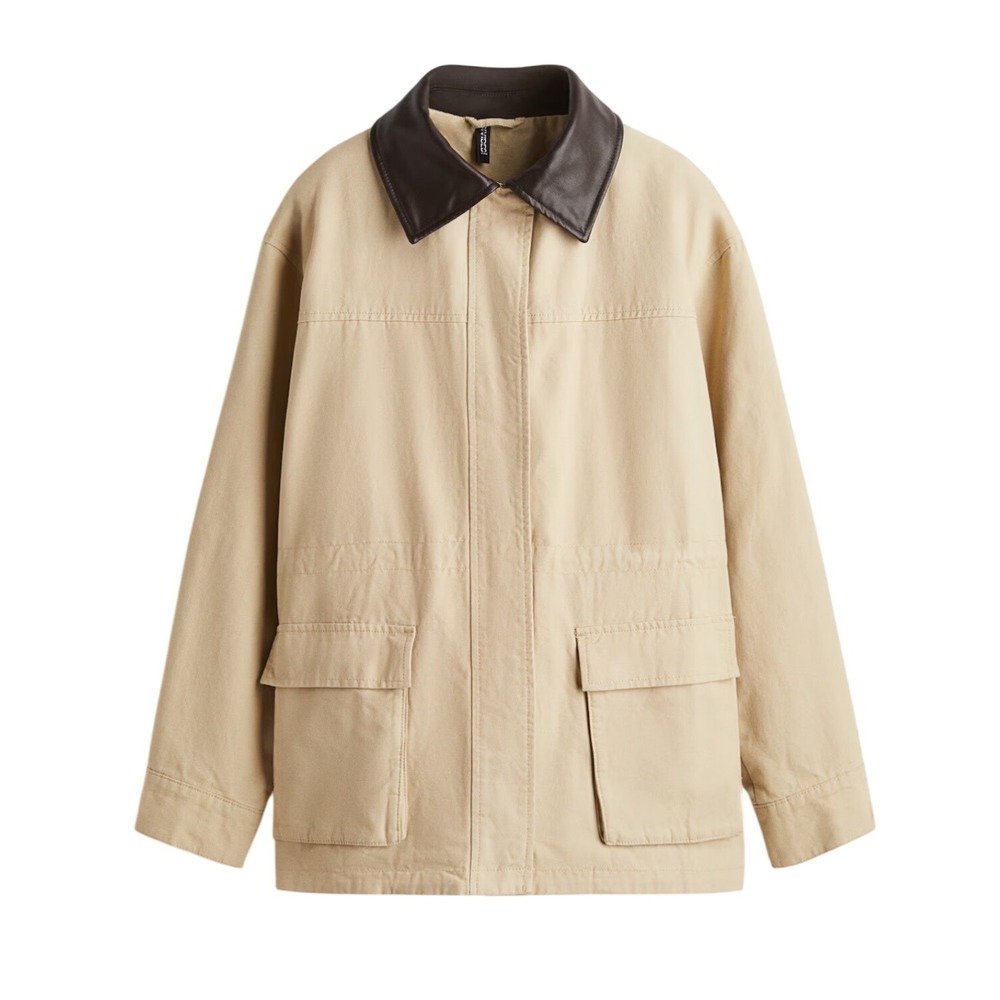 H&M Divided Beige Utility Barn Jacket Faux Leather Collar Plaid Lining XL NEW